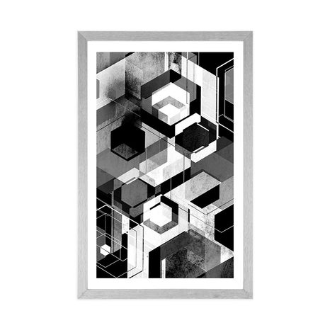 POSTER WITH MOUNT ABSTRACT GEOMETRY IN BLACK AND WHITE - BLACK AND WHITE - POSTERS