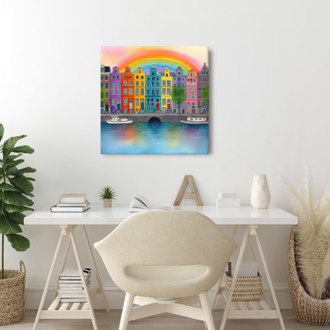 OBRAZ MĚSTSKÁ KRAJINA S DUHOU - BAREVNÉ DOMY - OBRAZY