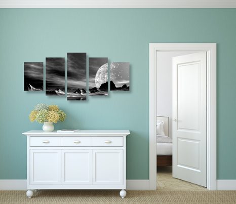 5-TEILIGES WANDBILD FUTURISTISCHER PLANET IN SCHWARZ-WEISS - SCHWARZ-WEISSE BILDER - BILDER