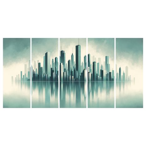 5-DÍLNÝ OBRAZ SILUETA MĚSTA S ODRAZEM VE VODĚ - OBRAZY MĚSTA - OBRAZY