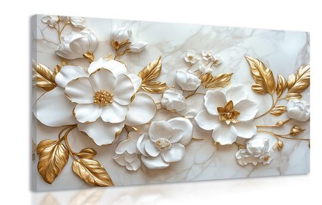 WANDBILD 3D BLUMEN MIT GOLDENEN BLÄTTERN - BILDER - 🔥 TOTALAUSVERKAUF
