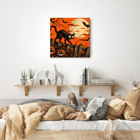 QUADRO SU TELA – GATTO DI HALLOWEEN TRA LE ZUCCHE - QUADRI HALLOWEEN E HORROR - STAMPE E QUADRI