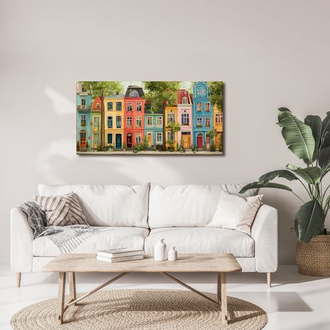 OBRAZ MĚSTSKÁ ULICE S DOMY - BAREVNÉ DOMY - OBRAZY