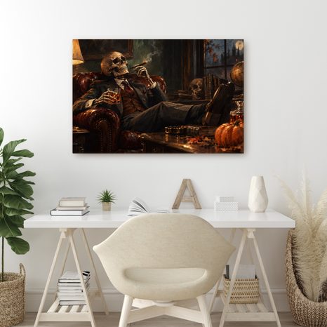 QUADRO SU TELA – SCHELETRO CON SIGARO E WHISKY - QUADRI HALLOWEEN E HORROR - STAMPE E QUADRI