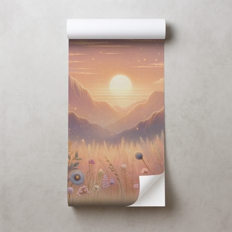 SAMOLEPÍCÍ TAPETA PASTELOVÁ KRAJINA S KVĚTINAMI PŘI ZÁPADU SLUNCE - TAPETY VÝCHOD A ZÁPAD SLUNCE - TAPETY