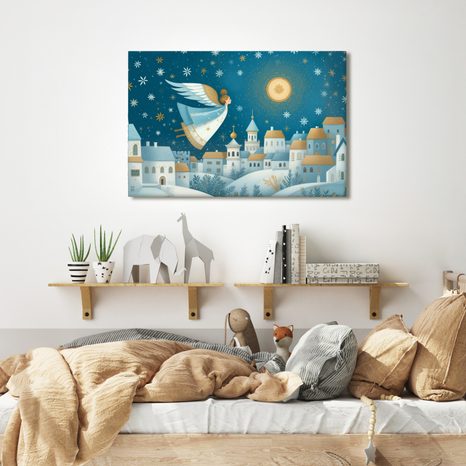 VÁNOČNÍ OBRAZ ANDĚL NAD ZIMNÍ VESNICÍ - VÁNOČNÍ A ZIMNÍ OBRAZY - OBRAZY