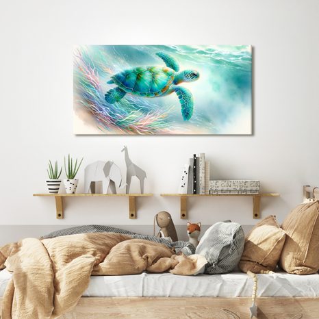 WANDBILD SCHILDKRÖTE SCHWIMMT ZWISCHEN KORALLEN - WANDBILDER UNTERWASSERWELT - BILDER