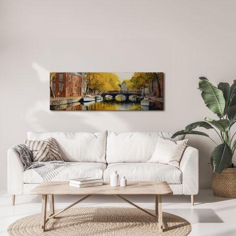 OBRAZ ZLATÉ PODZIMNÍ LISTÍ NAD KANÁLEM - BAREVNÉ DOMY - OBRAZY