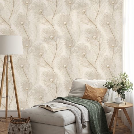 SAMOLEPÍCÍ FOTOTAPETA BÉŽOVÁ ELEGANCE S PTAČÍMI PERY - VZOROVANÉ TAPETY - TAPETY