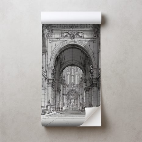SAMOPRZYLEPNA TAPETA HISTORYCZNA ARCHITEKTURA W CZARNO-BIAŁYM RYSUNKU - TAPETA CZARNOBIAŁA - TAPETY