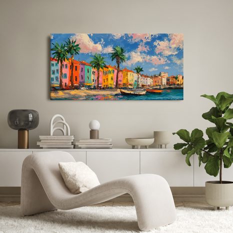 WANDBILD SONNIGE STADT MIT PALMEN - BUNTE HÄUSER - BILDER