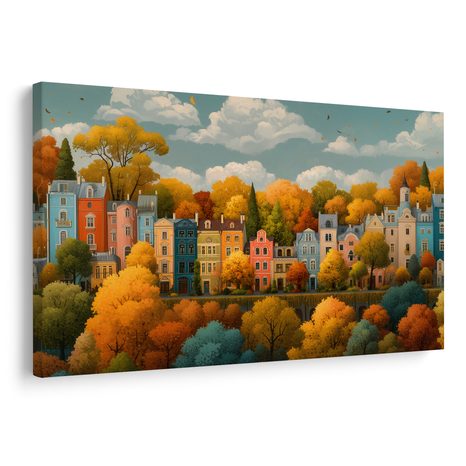 WANDBILD HERBSTSTADT ZWISCHEN BÄUMEN - BUNTE HÄUSER - BILDER