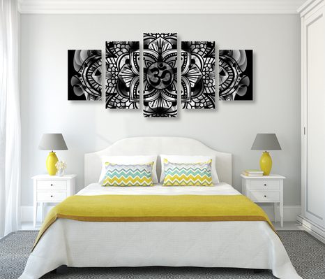 TABLOU 5-PIESE MANDALA SĂNĂTĂȚII ÎN DESIGN ALB-NEGRU - TABLOURI ALB-NEGRU - TABLOURI