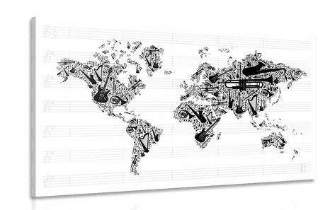 CANVAS PRINT MUSICAL WORLD MAP IN INVERSE FORM - PICTURES OF MAPS - PICTURES