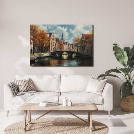 OBRAZ PODZIMNÍ KANÁL S MOSTEM - BAREVNÉ DOMY - OBRAZY