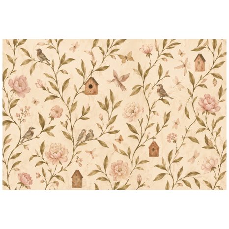 ZELFKLEVEND FOTOBEHANG VINTAGE BLOEMEN MET VOGELTJES EN VOGELHUISJES - FOTOBEHANG VOGELS - FOTOBEHANG