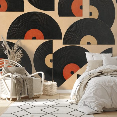 TAPETE RETRO-VINYLPLATTEN AUF BEIGEM HINTERGRUND - MUSIK FOTOTAPETEN - TAPETEN