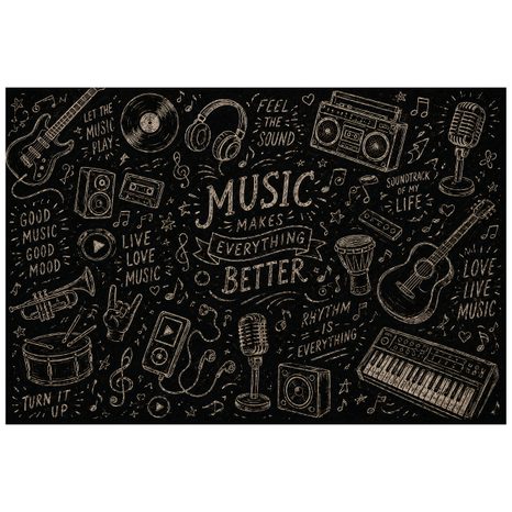 SELBSTKLEBENDE TAPETE MUSIKINSTRUMENTE UND ZITATE AUF SCHWARZ - MUSIK FOTOTAPETEN - TAPETEN