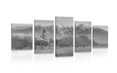 TABLEAU EN 5 PARTIES – ÉGLISE AU LAC BLED EN SLOVÉNIE EN NOIR ET BLANC - TABLEAUX EN NOIR ET BLANC - TABLEAUX