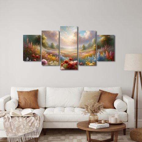 5-TEILIGES WANDBILD BLÜHENDE WIESE IN LANDSCHAFT - WANDBILDER FELDER UND WIESEN - BILDER