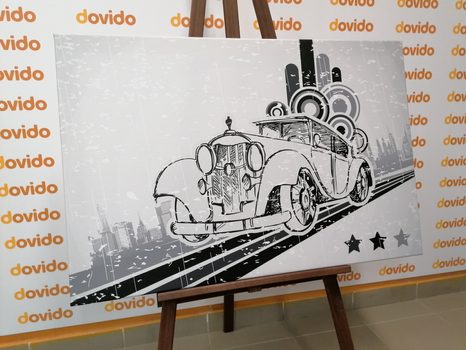 WANDBILD SCHWARZ-WEISSES AUTO MIT VINTAGE-HINTERGRUND - SCHWARZ-WEISSE BILDER - BILDER