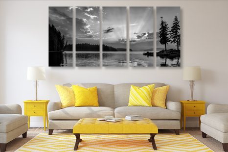 5-RÉSZES KÉP HEGYITÓ FEKETE FEHÉRBEN - FEKETE-FEHÉR KÉPEK - KÉPEK