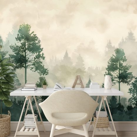 TAPET AUTOADEZIV SILUETE VERZI DE PĂDURE ÎN CEAȚĂ - TAPET PĂDURE - TAPETURI