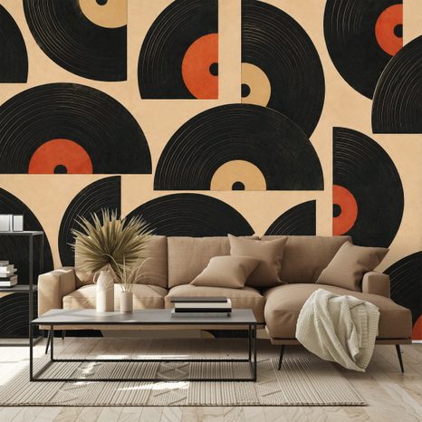 TAPETE RETRO-VINYLPLATTEN AUF BEIGEM HINTERGRUND - MUSIK FOTOTAPETEN - TAPETEN