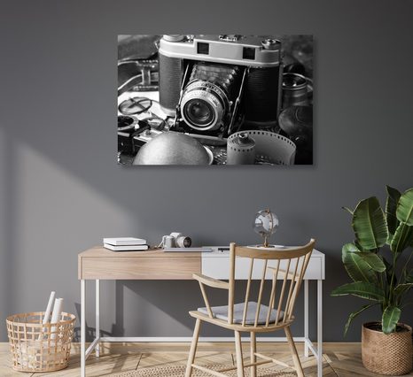 OBRAZ STARÝ FOTOAPARÁT V ČERNOBÍLÉM PROVEDENÍ - ČERNOBÍLÉ OBRAZY - OBRAZY