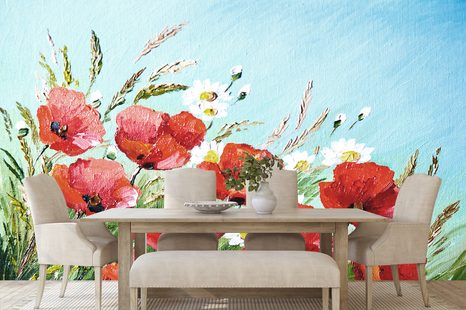 TAPETE ROTE MOHNBLUMEN AUF DEM FELD - TAPETEN MIT BLUMENMOTIVEN - TAPETEN