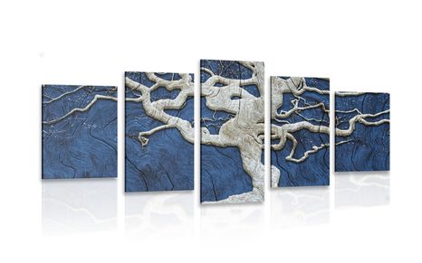 IMPRESSION SUR TOILE EN 5 PARTIES ARBRE ABSTRAIT SUR BOIS AVEC UN CONTRASTE BLEU - IMPRESSIONS SUR TOILE ARBRES ET FEUILLES - IMPRESSION SUR TOILE