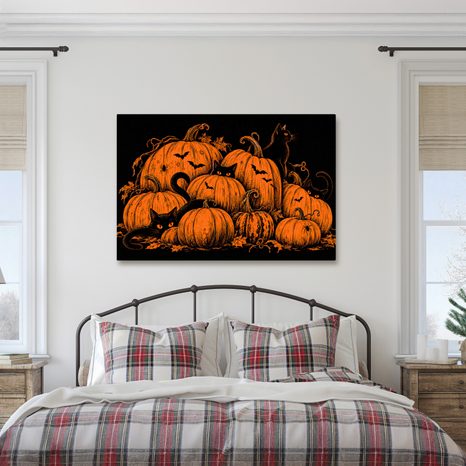 QUADRO SU TELA – ZUCCHE DI HALLOWEEN CON GATTI NERI - QUADRI HALLOWEEN E HORROR - STAMPE E QUADRI