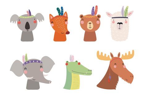 CARTA DA PARATI – PIENA DI ANIMALI CON PIUME INDIANE - CARTA DA PARATI BAMBINI - CARTA DA PARATI