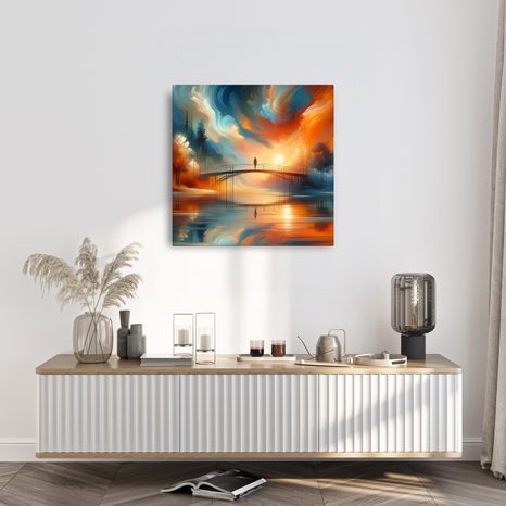 WANDBILD SONNENUNTERGANG ÜBER FLUSS MIT BRÜCKE - BILDER VON SONNENAUFGANG UND SONNENUNTERGANG - BILDER