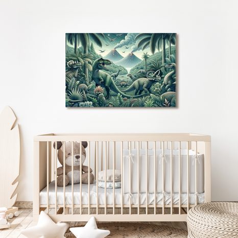 OBRAZ DINOSAUŘI V PRALESNÍ KRAJINĚ SE SOPKAMI - DĚTSKÉ OBRAZY ZVÍŘÁTKA - OBRAZY