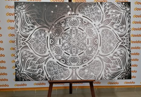 TABLOU MANDALA INDIANĂ CU UN FUNDAL GALACTIC ÎN ALB ȘI NEGRU - TABLOURI ALB-NEGRU - TABLOURI