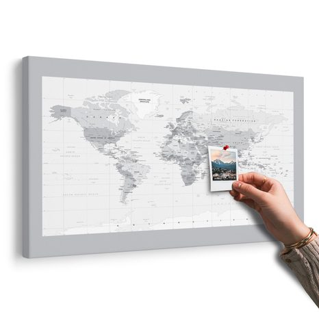 WANDBILD AUF KORK KLASSISCHE SCHWARZ-WEISSE WELTKARTE MIT GRAUEM RAND - WANDBILDER AUF KORK - BILDER