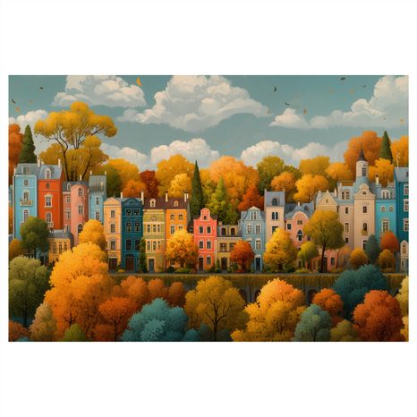 WANDBILD HERBSTSTADT ZWISCHEN BÄUMEN - BUNTE HÄUSER - BILDER