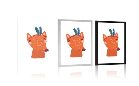 POSTER MIT PASSEPARTOUT NIEDLICHER FUCHS MIT FEDERN - TIERE - POSTER