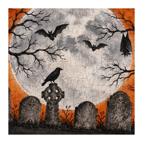 WANDBILD RABE UND FLEDERMÄUSE ÜBER GRÄBERN - HALLOWEEN- UND HORROR-BILDER - BILDER