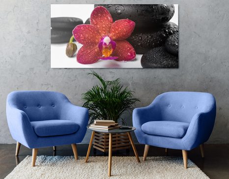 WANDBILD ORCHIDEE UND ZEN-STEINE AUF WEISSEM HINTERGRUND - BILDER MIT FENG SHUI-MOTIVEN - BILDER