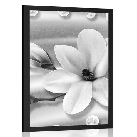 POSTER LUXURIOUS MAGNOLIA WITH PEARLS IN BLACK AND WHITE - BLACK AND WHITE - POSTERS