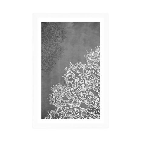 PLAKÁT S PASPARTOU PRVKY KVĚTINOVÉ MANDALY V ČERNOBÍLÉM PROVEDENÍ - FENG SHUI - PLAKÁTY