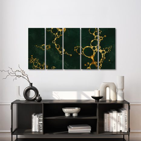 5-TEILIGES WANDBILD SMARAGDGRÜNE ABSTRAKTION MIT GOLD - WANDBILDER ABSTRAKTE FORMEN - BILDER