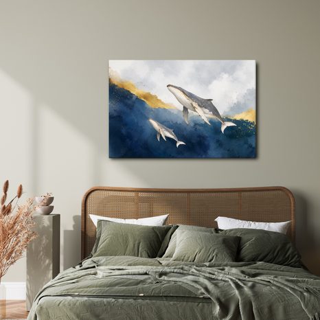 TABLEAU SUR TOILE – BALEINES DANS DES VAGUES DORÉES - TABLEAUX DE BALEINE - TABLEAUX