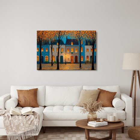 OBRAZ PODZIMNÍ VEČER V ULICI - BAREVNÉ DOMY - OBRAZY