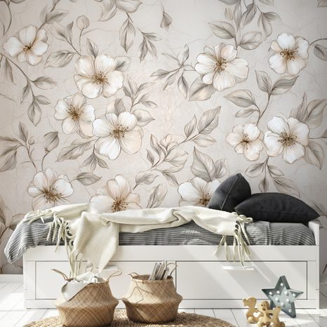 TAPET FLORI ȘI FRUNZE BEJ DELICATE - TAPET FLORI - TAPETURI