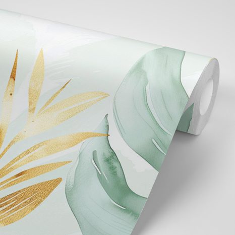TAPETE PASTELLGRÜNE BLÄTTER MIT GOLDENEN TÖNEN - TAPETEN BLÄTTER - TAPETEN
