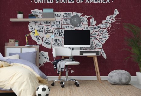 CARTA DA PARATI AUTOADESIVA – MAPPA EDUCATIVA DEGLI USA CON SFONDO BORDEAUX - CARTA DA PARATI AUTOADESIVE - CARTA DA PARATI