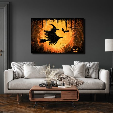 WANDBILD HEXE IM FLUG BEI MONDSCHEIN - HALLOWEEN- UND HORROR-BILDER - BILDER